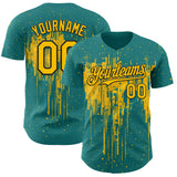 Custom Teal Yellow-Black 3D Pattern Design Dripping Splatter Paint Authentic Baseball Jersey
