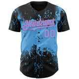 Custom Black Sky Blue-Pink 3D Pattern Design Abstract Splatter Grunge Paint Authentic Baseball Jersey