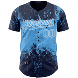 Custom Navy Sky Blue-White 3D Pattern Design Abstract Splatter Grunge Paint Authentic Baseball Jersey