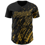 Custom Black Old Gold 3D Pattern Design Paint Stroke Grunge Streak Authentic Baseball Jersey