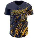 Custom Navy Gold 3D Pattern Design Paint Stroke Grunge Streak Authentic Baseball Jersey