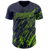 Custom Navy Neon Green 3D Pattern Design Paint Stroke Grunge Streak Authentic Baseball Jersey
