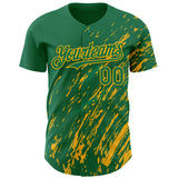 Custom Kelly Green Gold 3D Pattern Design Paint Stroke Grunge Streak Authentic Baseball Jersey