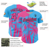 Custom Sky Blue Pink-Black 3D Pattern Design Hawaii Palm Trees Tropical Coconut Authentic Baseball Jersey