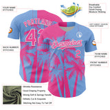 Custom Light Blue Pink-White 3D Pattern Design Hawaii Palm Trees Tropical Coconut Authentic Baseball Jersey