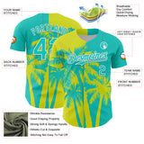 Custom Aqua Neon Yellow-White 3D Pattern Design Hawaii Palm Trees Tropical Coconut Authentic Baseball Jersey