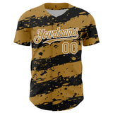 Custom Old Gold Black-White 3D Pattern Design Paint Splash Stripe Authentic Baseball Jersey