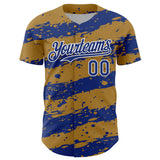 Custom Old Gold Royal-White 3D Pattern Design Paint Splash Stripe Authentic Baseball Jersey