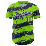 Custom Neon Green Navy-White 3D Pattern Design Paint Splash Stripe Authentic Baseball Jersey