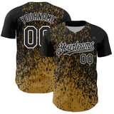 Custom Black Old Gold-White 3D Pattern Design Abstract Fragment Splatter Authentic Baseball Jersey