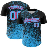 Custom Black Sky Blue-Pink 3D Pattern Design Abstract Fragment Splatter Authentic Baseball Jersey