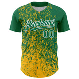 Custom Kelly Green Gold-White 3D Pattern Design Abstract Fragment Splatter Authentic Baseball Jersey