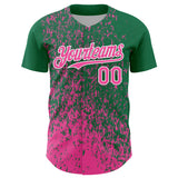 Custom Kelly Green Pink-White 3D Pattern Design Abstract Fragment Splatter Authentic Baseball Jersey