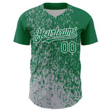 Custom Kelly Green Gray-White 3D Pattern Design Abstract Fragment Splatter Authentic Baseball Jersey