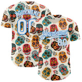 Custom Cream White-Electric Blue Sugar Skull Day of the Dead Mexican Folk Art Authentic Baseball Jersey