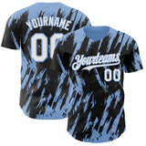 Custom Black White-Light Blue 3D Pattern Design Splatter Torn Sharp Brush Stroke Authentic Baseball Jersey