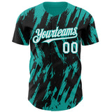 Custom Black White-Aqua 3D Pattern Design Splatter Torn Sharp Brush Stroke Authentic Baseball Jersey
