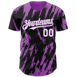 Custom Black White-Medium Purple 3D Pattern Design Splatter Torn Sharp Brush Stroke Authentic Baseball Jersey