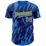 Custom Royal Powder Blue-Yellow 3D Pattern Design Splatter Torn Sharp Brush Stroke Authentic Baseball Jersey