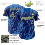 Custom Royal Powder Blue-Yellow 3D Pattern Design Splatter Torn Sharp Brush Stroke Authentic Baseball Jersey