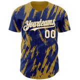 Custom Royal White-Old Gold 3D Pattern Design Splatter Torn Sharp Brush Stroke Authentic Baseball Jersey