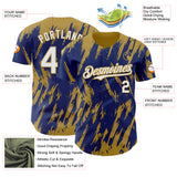 Custom Royal White-Old Gold 3D Pattern Design Splatter Torn Sharp Brush Stroke Authentic Baseball Jersey