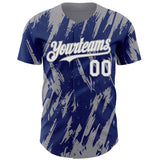 Custom Royal White-Gray 3D Pattern Design Splatter Torn Sharp Brush Stroke Authentic Baseball Jersey
