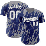 Custom Royal White-Gray 3D Pattern Design Splatter Torn Sharp Brush Stroke Authentic Baseball Jersey