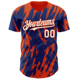 Custom Royal White-Orange 3D Pattern Design Splatter Torn Sharp Brush Stroke Authentic Baseball Jersey
