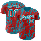 Custom Red Teal-White 3D Pattern Design Splatter Torn Sharp Brush Stroke Authentic Baseball Jersey