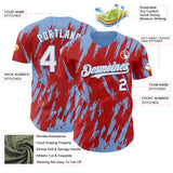 Custom Red White-Light Blue 3D Pattern Design Splatter Torn Sharp Brush Stroke Authentic Baseball Jersey