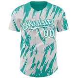 Custom White Aqua 3D Pattern Design Splatter Torn Sharp Brush Stroke Authentic Baseball Jersey