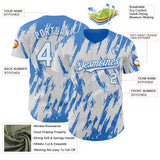Custom White Powder Blue 3D Pattern Design Splatter Torn Sharp Brush Stroke Authentic Baseball Jersey
