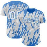 Custom White Powder Blue 3D Pattern Design Splatter Torn Sharp Brush Stroke Authentic Baseball Jersey