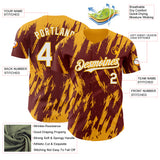 Custom Burgundy White-Gold 3D Pattern Design Splatter Torn Sharp Brush Stroke Authentic Baseball Jersey