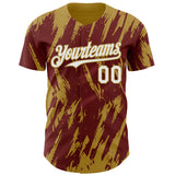 Custom Burgundy White-Old Gold 3D Pattern Design Splatter Torn Sharp Brush Stroke Authentic Baseball Jersey