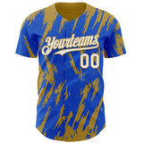 Custom Thunder Blue White-Old Gold 3D Pattern Design Splatter Torn Sharp Brush Stroke Authentic Baseball Jersey