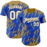 Custom Thunder Blue White-Old Gold 3D Pattern Design Splatter Torn Sharp Brush Stroke Authentic Baseball Jersey