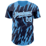 Custom Navy Sky Blue-White 3D Pattern Design Splatter Torn Sharp Brush Stroke Authentic Baseball Jersey