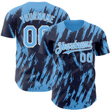 Custom Navy Sky Blue-White 3D Pattern Design Splatter Torn Sharp Brush Stroke Authentic Baseball Jersey