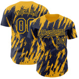 Custom Navy Gold 3D Pattern Design Splatter Torn Sharp Brush Stroke Authentic Baseball Jersey