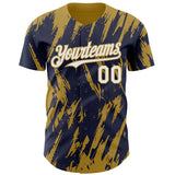 Custom Navy White-Old Gold 3D Pattern Design Splatter Torn Sharp Brush Stroke Authentic Baseball Jersey