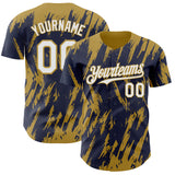 Custom Navy White-Old Gold 3D Pattern Design Splatter Torn Sharp Brush Stroke Authentic Baseball Jersey