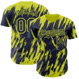 Custom Navy Neon Yellow 3D Pattern Design Splatter Torn Sharp Brush Stroke Authentic Baseball Jersey