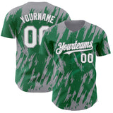 Custom Kelly Green White-Gray 3D Pattern Design Splatter Torn Sharp Brush Stroke Authentic Baseball Jersey