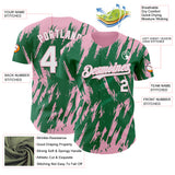 Custom Kelly Green White-Light Pink 3D Pattern Design Splatter Torn Sharp Brush Stroke Authentic Baseball Jersey