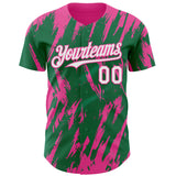 Custom Kelly Green White-Pink 3D Pattern Design Splatter Torn Sharp Brush Stroke Authentic Baseball Jersey