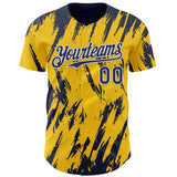 Custom Yellow Navy-White 3D Pattern Design Splatter Torn Sharp Brush Stroke Authentic Baseball Jersey