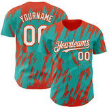 Custom Aqua White-Orange 3D Pattern Design Splatter Torn Sharp Brush Stroke Authentic Baseball Jersey