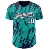 Custom Aqua White-Navy 3D Pattern Design Splatter Torn Sharp Brush Stroke Authentic Baseball Jersey